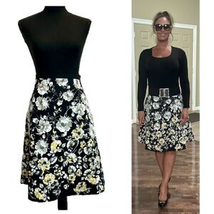 Liz Claiborne Floral flower print Black and yellow A-line skater circle Skirt 6